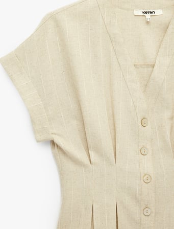 Keten Karışımlı Slim Fit V Yaka Kısa Kollu Bel Vurgulu Pileli Çizgili Gömlek