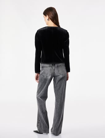 Slim Fit Vatkalı Bisiklet Yaka Uzun Kollu Süslü Düğmeli Kadife Ceket