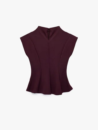 Viskon Karışımlı Slim Fit Kolsuz Dik Yaka Peplum Bluz