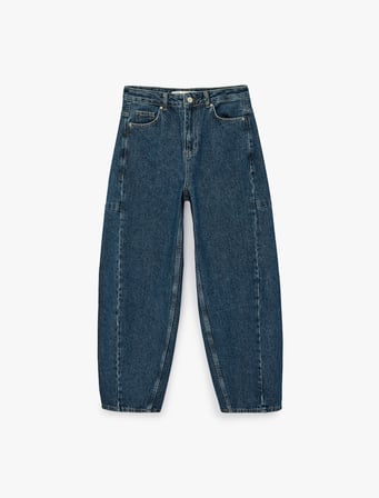 Pamuklu Normal Paça Cepli Düğmeli Balon Denim Pantolon - Balloon Fit Jean