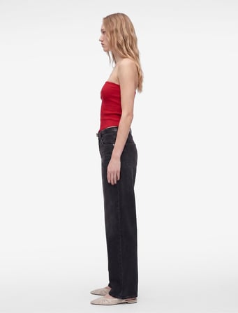 Düğmeli Cep Detaylı Normal Bel Bol Kalıp Denim Pantolon - Loose Straight Fit Jean