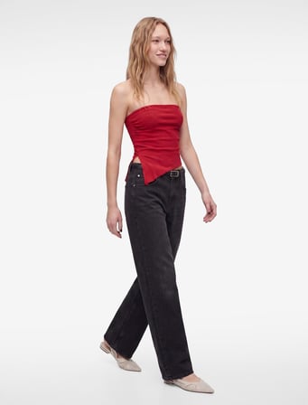 Düğmeli Cep Detaylı Normal Bel Bol Kalıp Denim Pantolon - Loose Straight Fit Jean