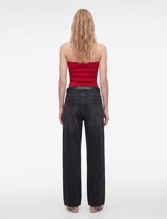 Düğmeli Cep Detaylı Normal Bel Bol Kalıp Denim Pantolon - Loose Straight Fit Jean