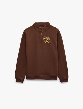 Baskılı Yarım Fermuarlı Şardonlu Uzun Kollu Dik Yaka Sweatshirt