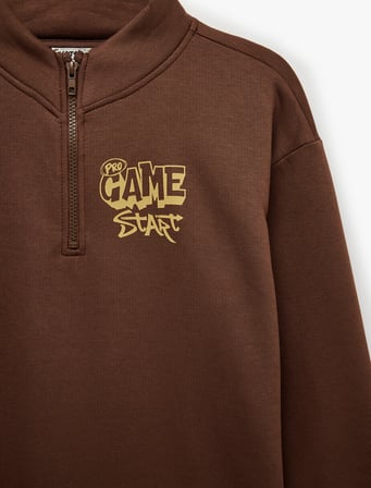 Baskılı Yarım Fermuarlı Şardonlu Uzun Kollu Dik Yaka Sweatshirt