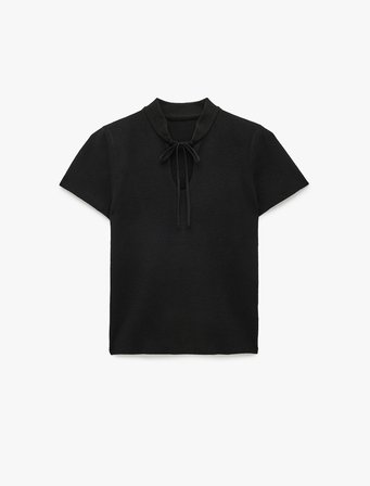 Kısa Kollu Bağlama Detaylı Dik Qipao Yaka Triko Kazak