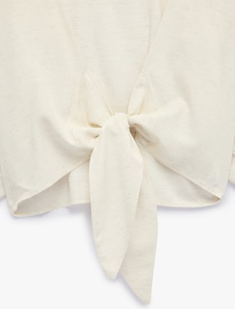 V Yaka Yarım Kollu Bağlama Detaylı Crop Keten Karışımlı Kimono