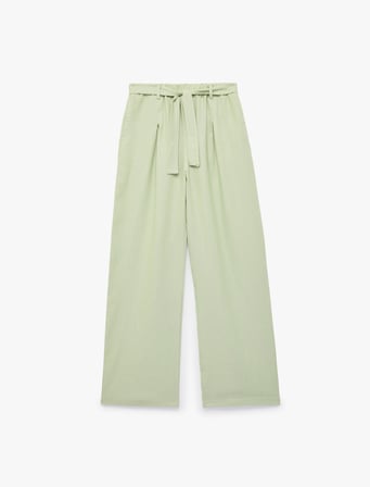 Beli Bağlamalı Keten ve Viskon Karışımlı Geniş Paça Pantolon