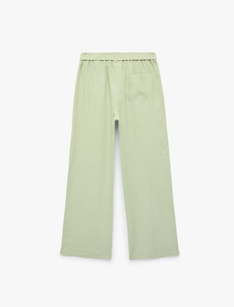 Beli Bağlamalı Keten ve Viskon Karışımlı Geniş Paça Pantolon