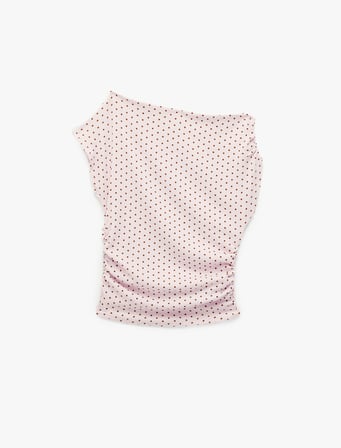 Bürümcük Kumaş Asimetrik Yaka Kısa Kollu Drapeli Slim Fit Puantiyeli Bluz