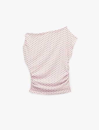 Bürümcük Kumaş Asimetrik Yaka Kısa Kollu Drapeli Slim Fit Puantiyeli Bluz