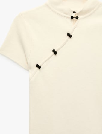 Viskon Mandarin Yaka Kısa Kollu Triko Qipao Bluz