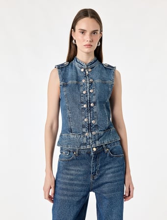 Pamuklu Cepli Yuvarlak Yaka Kolsuz Denim Military Yelek