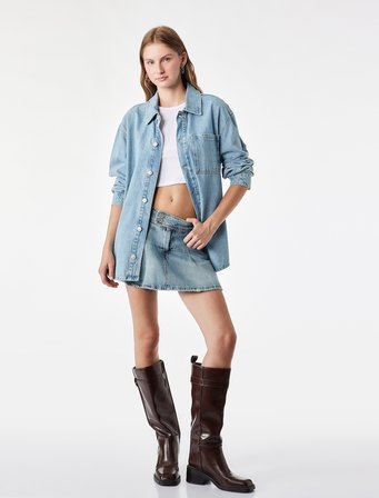 Cepli Düğme Detaylı Rahat Kalıp Pamuklu Pileli Denim Şort Etek