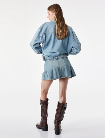 Cepli Düğme Detaylı Rahat Kalıp Pamuklu Pileli Denim Şort Etek
