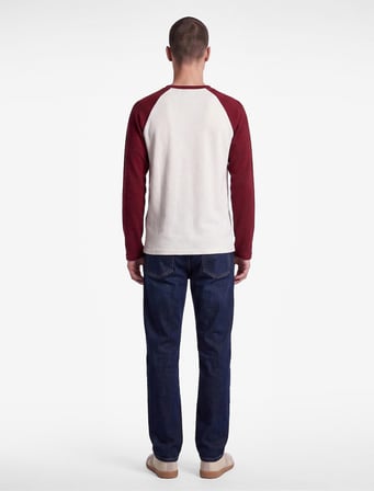 Pamuklu Waffle Dokulu Oversize Bisiklet Yaka Kontrastlı Uzun Reglan Kollu Tişört