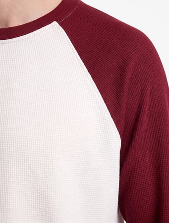 Pamuklu Waffle Dokulu Oversize Bisiklet Yaka Kontrastlı Uzun Reglan Kollu Tişört