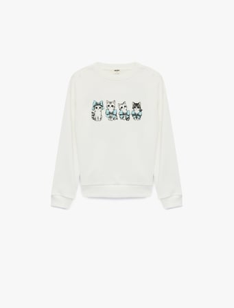 Kedi Baskılı Şardonlu Uzun Kollu Bisiklet Yaka Sweatshirt