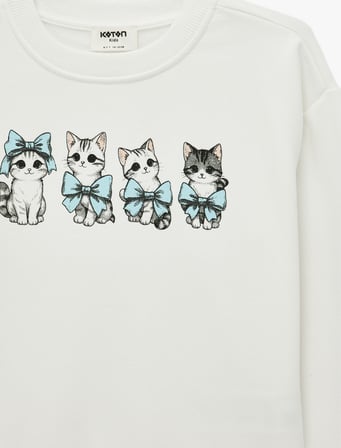 Kedi Baskılı Şardonlu Uzun Kollu Bisiklet Yaka Sweatshirt