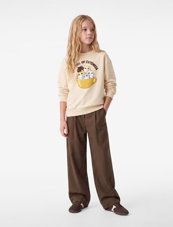Kedi Baskılı Uzun Kollu Bisiklet Yaka Şardonlu Sweatshirt