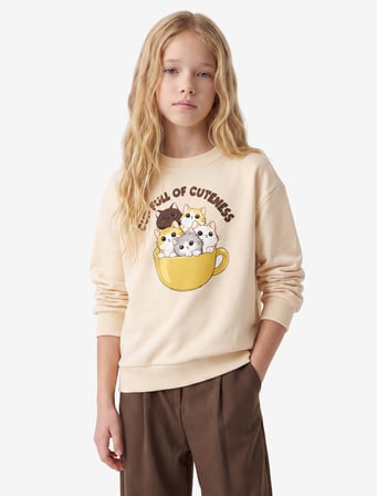 Kedi Baskılı Uzun Kollu Bisiklet Yaka Şardonlu Sweatshirt