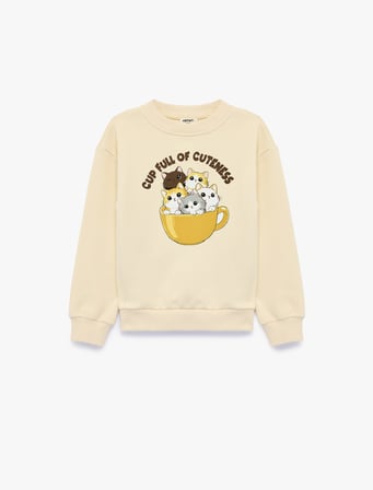 Kedi Baskılı Uzun Kollu Bisiklet Yaka Şardonlu Sweatshirt