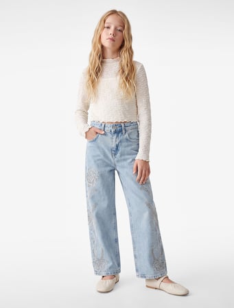 Yüksek Bel Cep Detaylı Çiçek Nakışlı Bol Paça Denim Pantolon