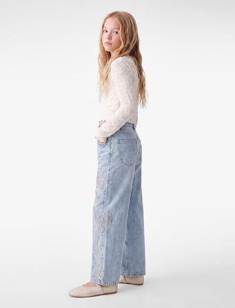 Yüksek Bel Cep Detaylı Çiçek Nakışlı Bol Paça Denim Pantolon