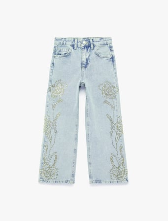 Yüksek Bel Cep Detaylı Çiçek Nakışlı Bol Paça Denim Pantolon