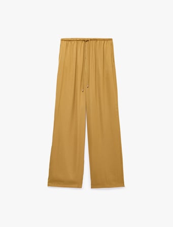 Aerobin Kumaş Straight Fit Cepli Düz Geniş Paça Saten Pantolon