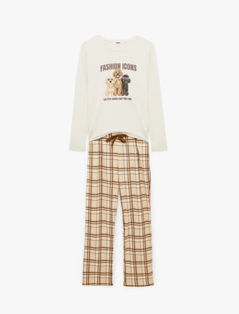 Bisiklet Yaka Baskılı Uzun Kollu 2'li Pijama Takımı