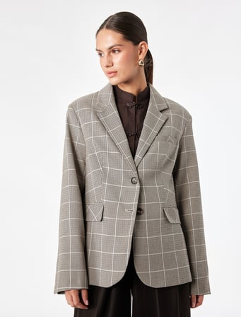 Regular Fit Uzun Kollu Klasik Yaka Cepli Düğmeli Ekose Blazer Ceket