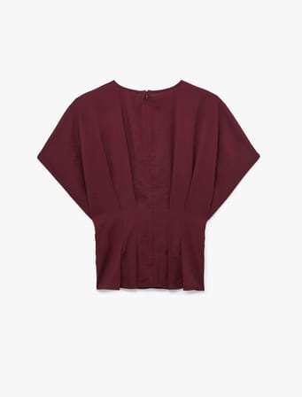 Viskon Modal Kumaş Pileli Slim Fit Bel Vurgulu Bisiklet Yaka Kısa Kollu Bluz