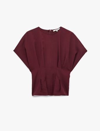 Viskon Modal Kumaş Pileli Slim Fit Bel Vurgulu Bisiklet Yaka Kısa Kollu Bluz