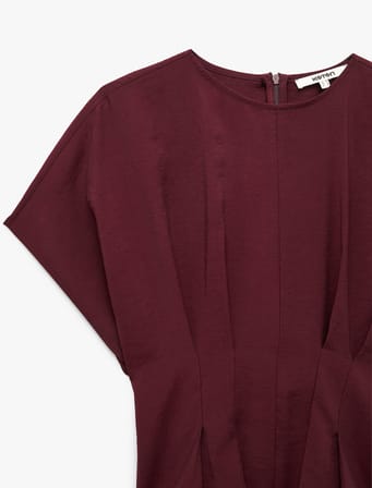Viskon Modal Kumaş Pileli Slim Fit Bel Vurgulu Bisiklet Yaka Kısa Kollu Bluz