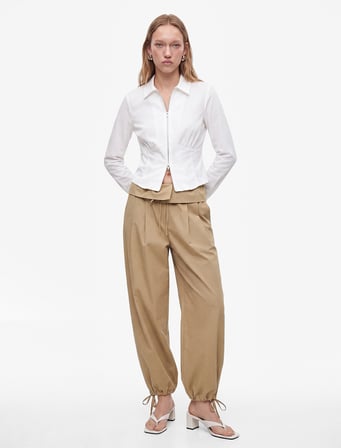 Beli Bağcıklı Katlama Detaylı Balon Form Poplin Harem Pantolon