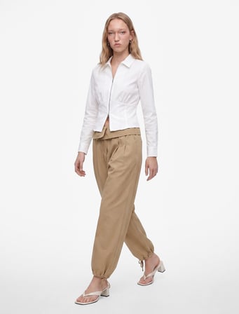 Beli Bağcıklı Katlama Detaylı Balon Form Poplin Harem Pantolon