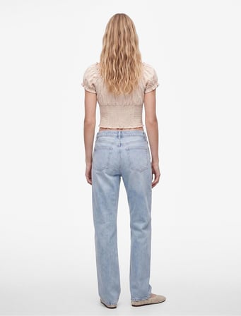 Gipeli Düğme Detaylı Slim Fit Kayık Yaka Balon Kollu Poplin Crop Bluz