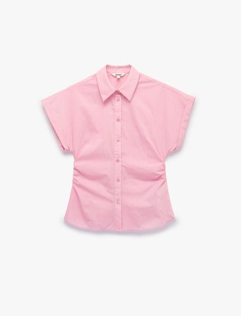 Slim Fit Pamuklu Salda Kumaş Kolsuz Drape Detaylı Çizgili Gömlek