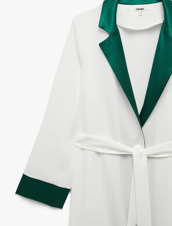 Krep Kumaş Kuşaklı Kontrast Detaylı Uzun Kollu Kimono