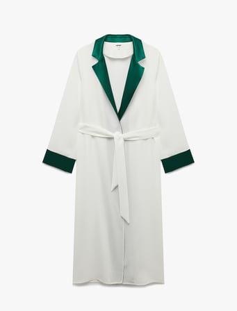 Krep Kumaş Kuşaklı Kontrast Detaylı Uzun Kollu Kimono