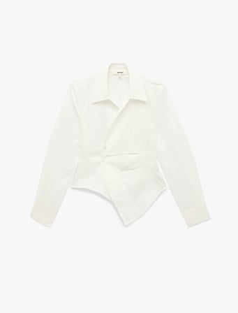 Drape Detaylı Slim Fit Pamuklu Asimetrik Kruvaze Uzun Kollu Poplin Gömlek