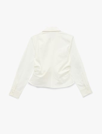 Drape Detaylı Slim Fit Pamuklu Asimetrik Kruvaze Uzun Kollu Poplin Gömlek