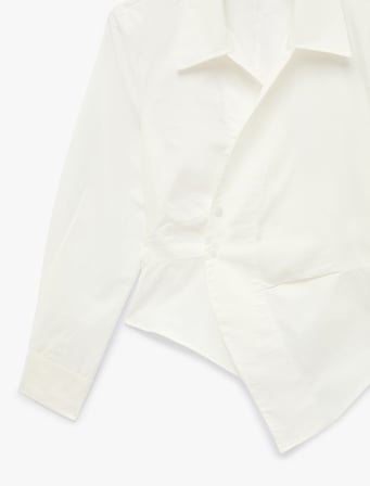 Drape Detaylı Slim Fit Pamuklu Asimetrik Kruvaze Uzun Kollu Poplin Gömlek