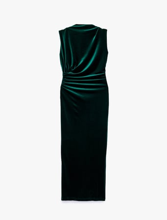 Slim Fit Bodycon Drapeli Hafif Dik Yaka Yırtmaçlı Kolsuz Midi Boy Kadife Elbise
