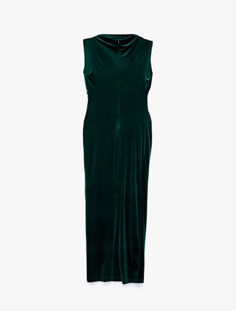 Slim Fit Bodycon Drapeli Hafif Dik Yaka Yırtmaçlı Kolsuz Midi Boy Kadife Elbise
