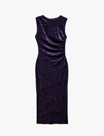Slim Fit Bisiklet Yaka Drapeli Kolsuz Dokulu Kadife Midi Elbise