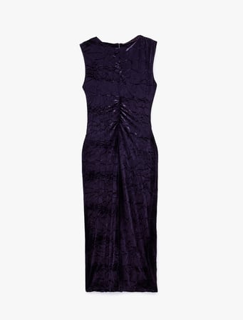 Slim Fit Bisiklet Yaka Drapeli Kolsuz Dokulu Kadife Midi Elbise
