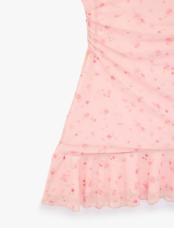 Slim Fit Bisiklet Yaka Drapeli Asimetrik Kesim Çiçekli Mini Tül Elbise