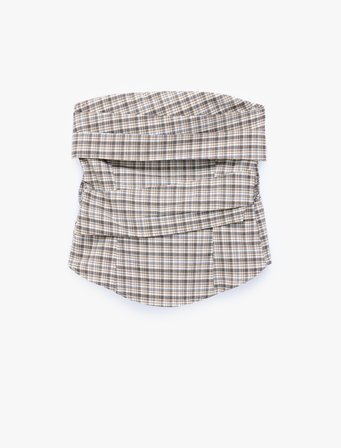 Arkası Gipeli Slim Fit Katmanlı Straplez Ekose Bluz